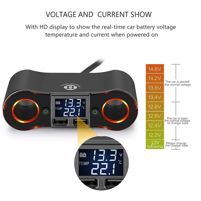 Автомобильное зарядное устройство Vingtank 3.5A с двумя usb-портами и 2 портами, автомобильные прикуриватели, 80 Вт, Поддержка питания, светодиодный дисплей, напряжение тока