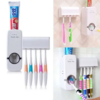 

Automatic Auto Toothpaste Dispenser +5 Toothbrush Holder Set Wall Mount Stand