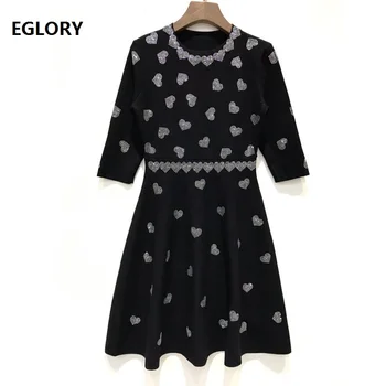 

High Quality Sweater Dress 2019 Autumn Fashion Style Women Sweetheart Beading 3/4 Sleeve Slim Fitted Casual Knitted Dress Black