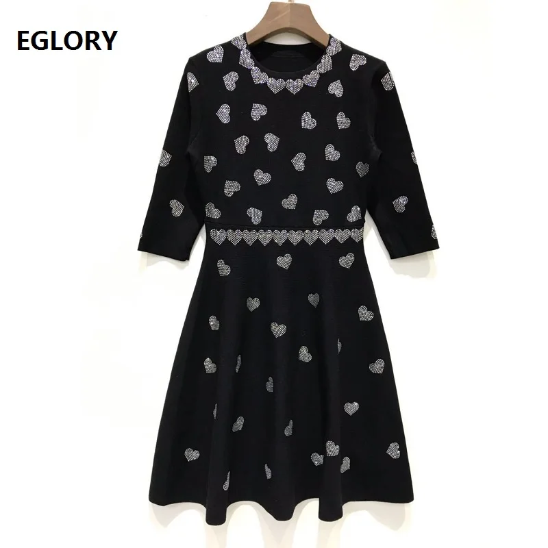 ^*Best Offers High Quality Sweater Dress 2019 Autumn Fashion Style Women Sweetheart Beading 3/4 Sleeve Slim Fitted Casual Knitted Dress Black