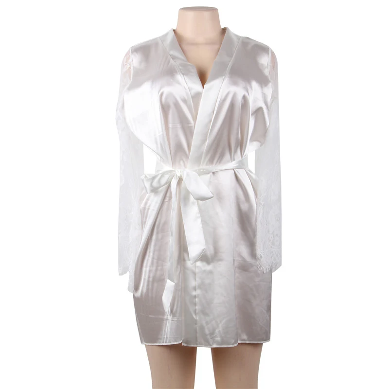 Женские шелковые халаты с кружевным рукавом, кимоно для невесты, тонкое однотонное платье выше колена, сексуальные халаты для сна для женщин, атласный ночной халат R80556