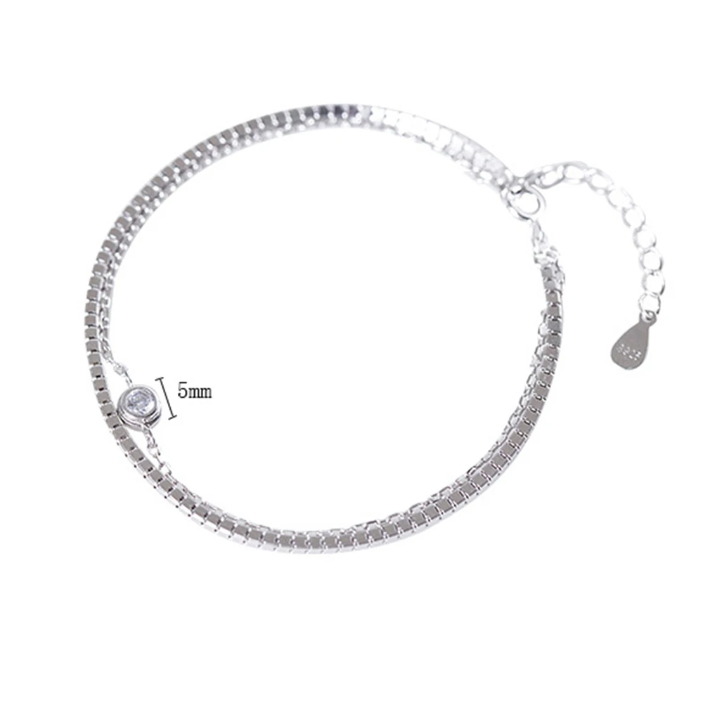 

Genuine 925 Sterling Silver Single Solitare CZ Zircon Two Layers Double Box & Link Chain Bracelet For Her , Women Jewelry Gifts