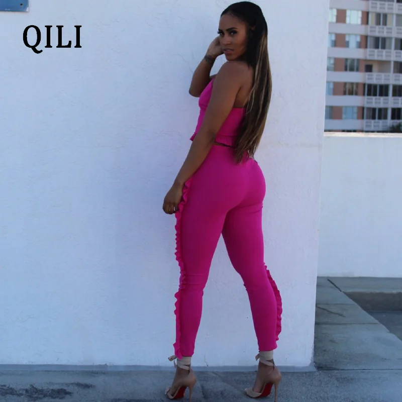 QILI Women Ruffles Jumpsuits Romper Summer Sleeveless Two Piece Set Casual Jumpsuit Woman Fashion Street Wear White Black Red