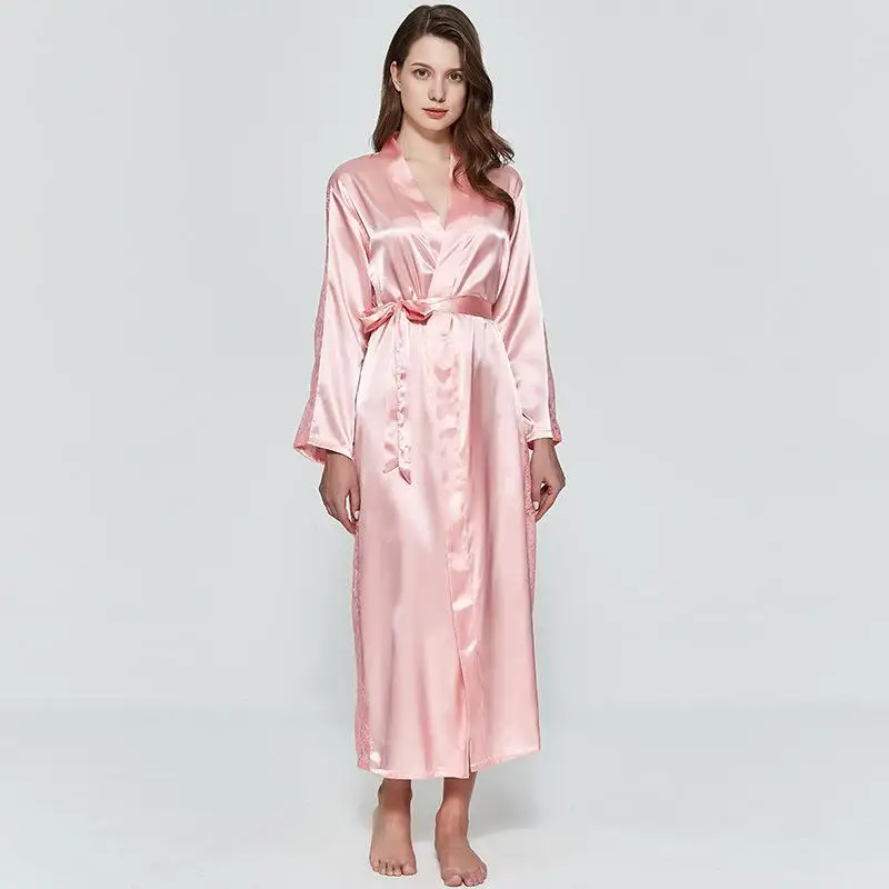 Novelty Satin Champagne Robe Sexy Rayon Lace Kimono Bathrobe Gown Bride Bridesmaid Wedding Sleepwear Belt Casual Nightwear - Цвет: Розовый
