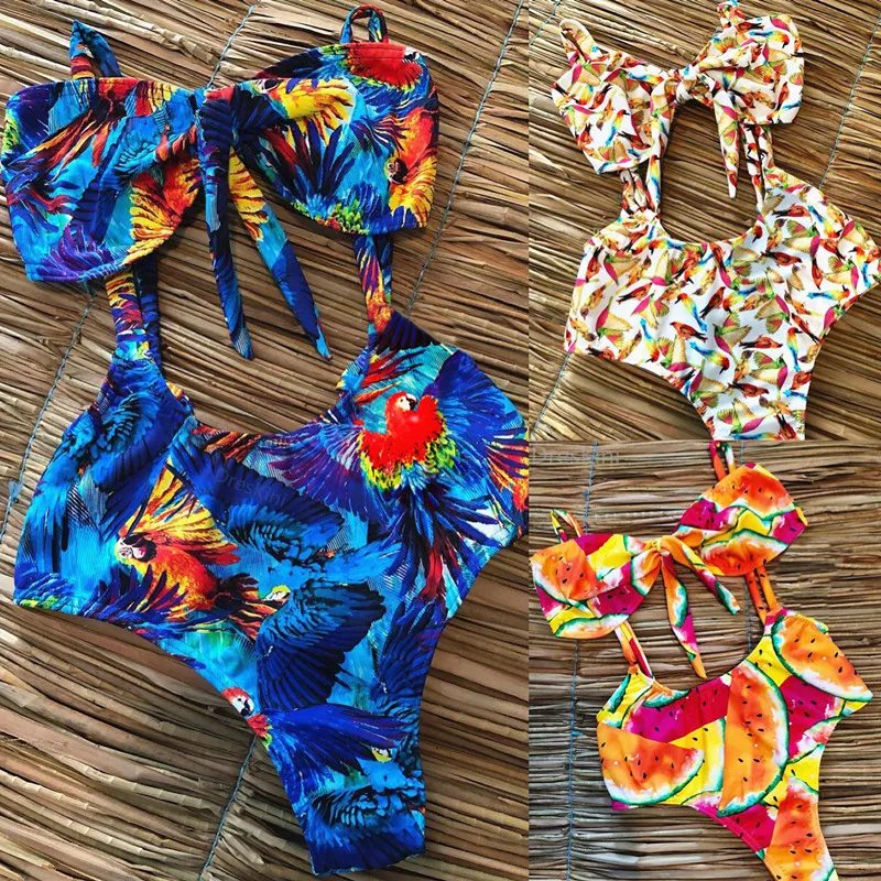 

High Waist Swimwear Printed Bikinis Set Women Swimsuit Knotted Monokini Mayo Biquini maillot de bain Femme Push Up Trikini Mujer