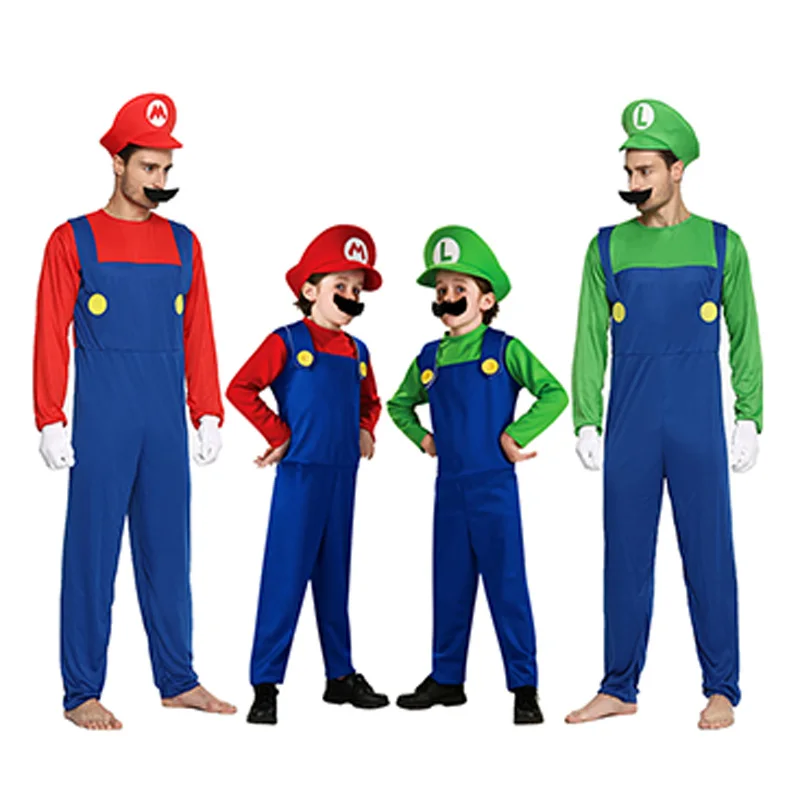 Super Mario Adult Kids Costume Luigi Bros Plumber Brother Men Boy Fancy Jumpsuit