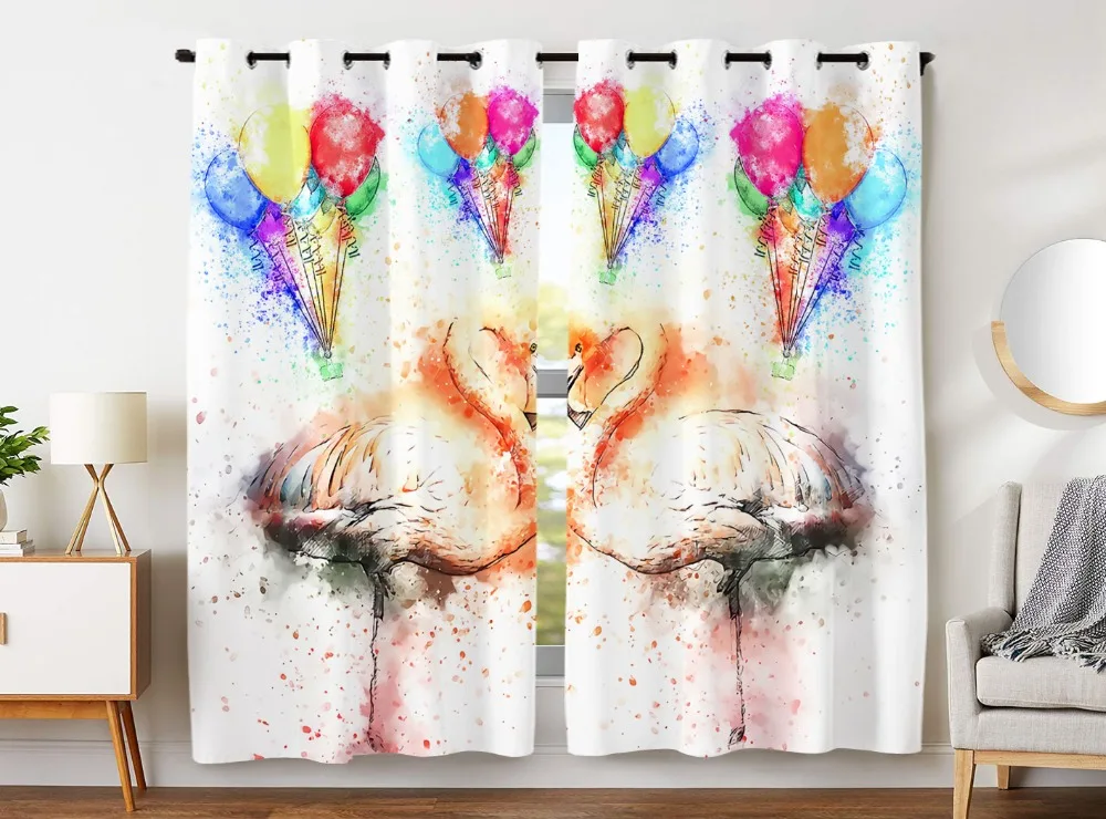 

HommomH Curtains (2 Panel) Grommet Top Darkening Blackout Room Watercolor Flamingo Colorful Balloons