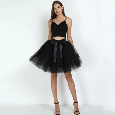 7Layered 50cm Tulle Skirts Womens 26 Colors Adult Tulle Skirt Elastic High Waist Pleated Midi Skirt Fashion Wedding Jupe - Цвет: black