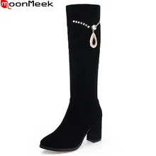 MoonMeek/черные женские сапоги из флока на молнии; модные сапоги до колена со стразами; женские сапоги на высоком квадратном каблуке; большие размеры 34-42