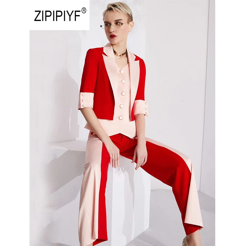 

Original 2 Pieces Set Business Suits Patchwork Contrast Pattern Notched Single Breasted Blazers Women Wideleg Trouser Suit AB427
