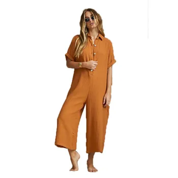 

Solid Cotton And Linen Turn Down Collar Women Jumpsuit Romper Casual Wide Leg Pant Women Bodysuit Summer Hot Women Jumpsuit 2019