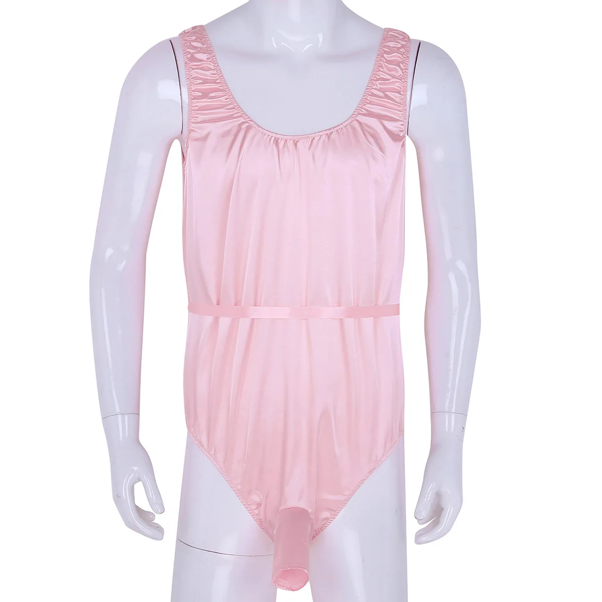 Male Mens One-Piece Shiny Satin Sissy Lingerie Sleeveless Open Sheath Bodysuit Nightwear Sleepwear Erotic Teddies