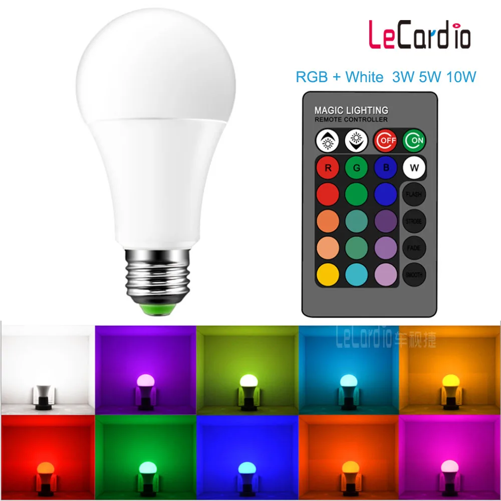 Светодиодная лампа E27 5/10 Вт 16 цветов меняемая RGB + белый сценический свет ночная 85