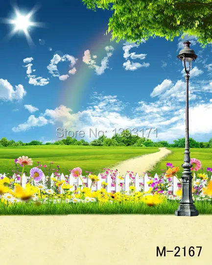 

200CM * 300CM new 2016 vinyl photography backdrops photo studio photographic background green trees flowers road blue sky m-2166