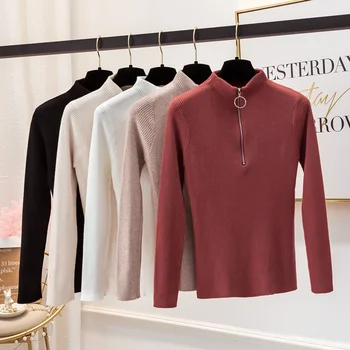 

European Autumn Winter Women Pullover Sweaters Zipper Turtleneck Long Sleeve Slim Knitting Truien dames manteau femme hiver