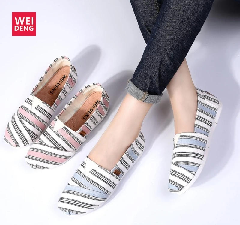 

WeiDeng Woman Casual Sandals Stripe Slip on Flat With Lightweight Pedal National Style Ladies Loafers Contracted Soft Shoes
