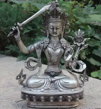 

Tibet White Bronze Silver Manjuist ManjusHri Bodhisattva Kwan-yin GuanYin Statue