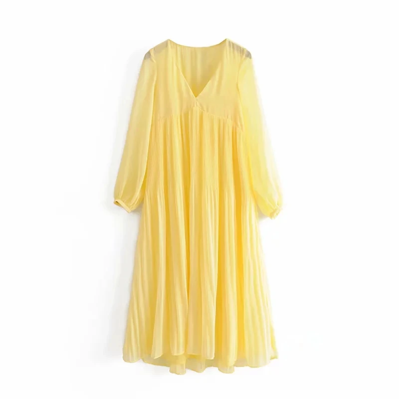 

Summer women dress women vintage casual V Neck chfiion long dress korean yellow Pleated beach party dress 2019 elegant vestidos