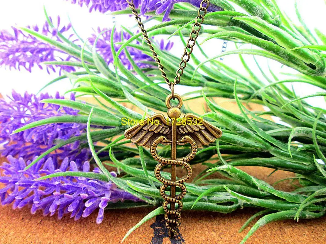 

Fashion 48*30mm Antique Tibetan bronze Caduceus Medical Symbol Mercurial Staff with Wings Snakes charm pendant necklace