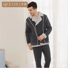 Зима, парные повседневные пижамные комплекты, мужской утепленный флисовый Пижамный костюм, мужская куртка с длинным рукавом и отложным воротником и штаны XXL