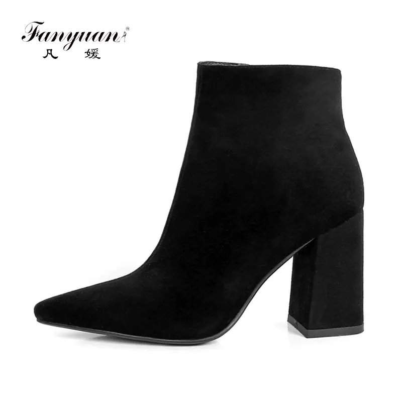 

Fanyuan Ankle Boots Women Suede Black Heeled Chelsea Boots Winter/Autumn Pointed Toe Block Heels Winter Boots Female Fur Inside