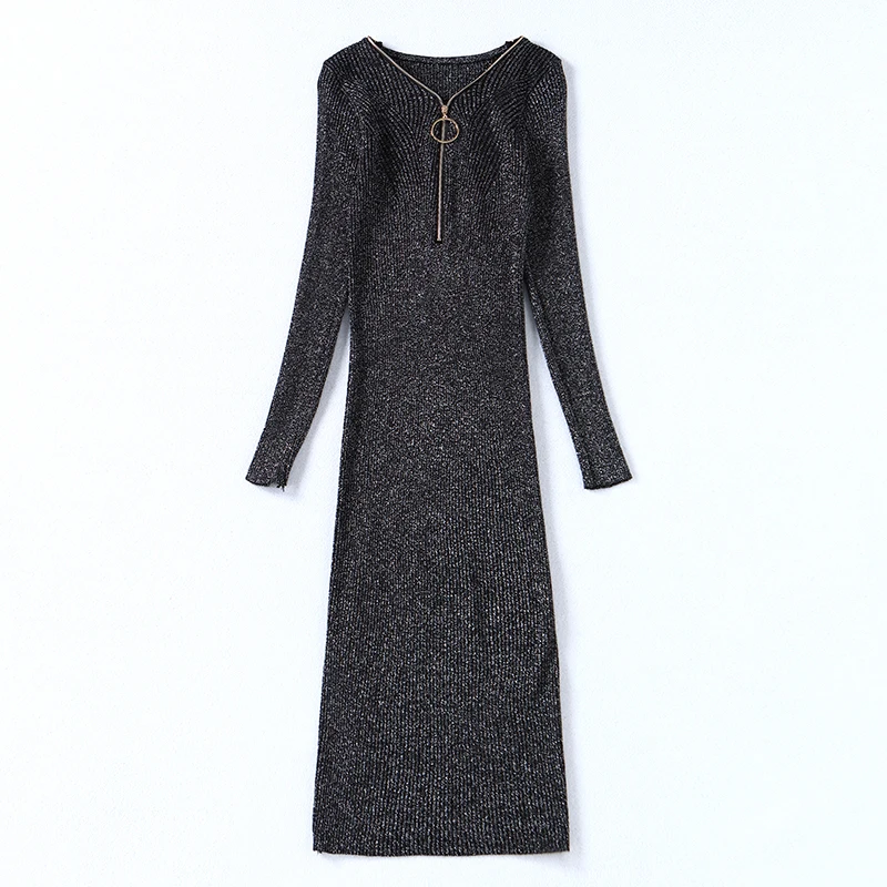 

New Fashion Women Knitted V-neck Zippers Bodycon Full Sleeves Ladies Slim Long Sweater Suits vestido de camisola de inverno