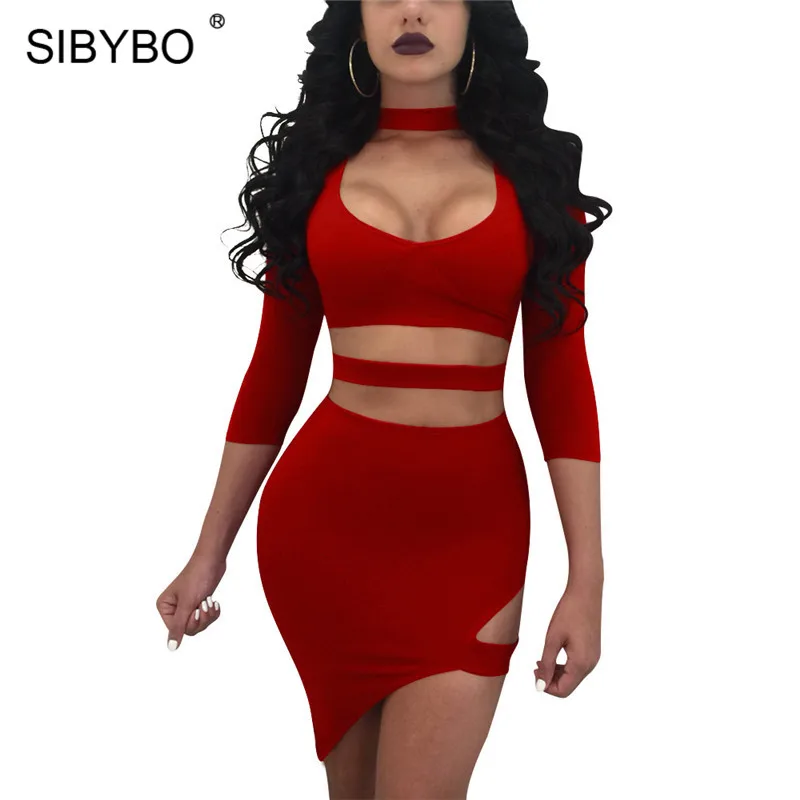 

Sibybo Hollow Out V-Neck Bandage Sexy Bodycon Dress Irregular 3/4 Sleeve Solid Sheath Mini Dress Women Club Party Dresses Short