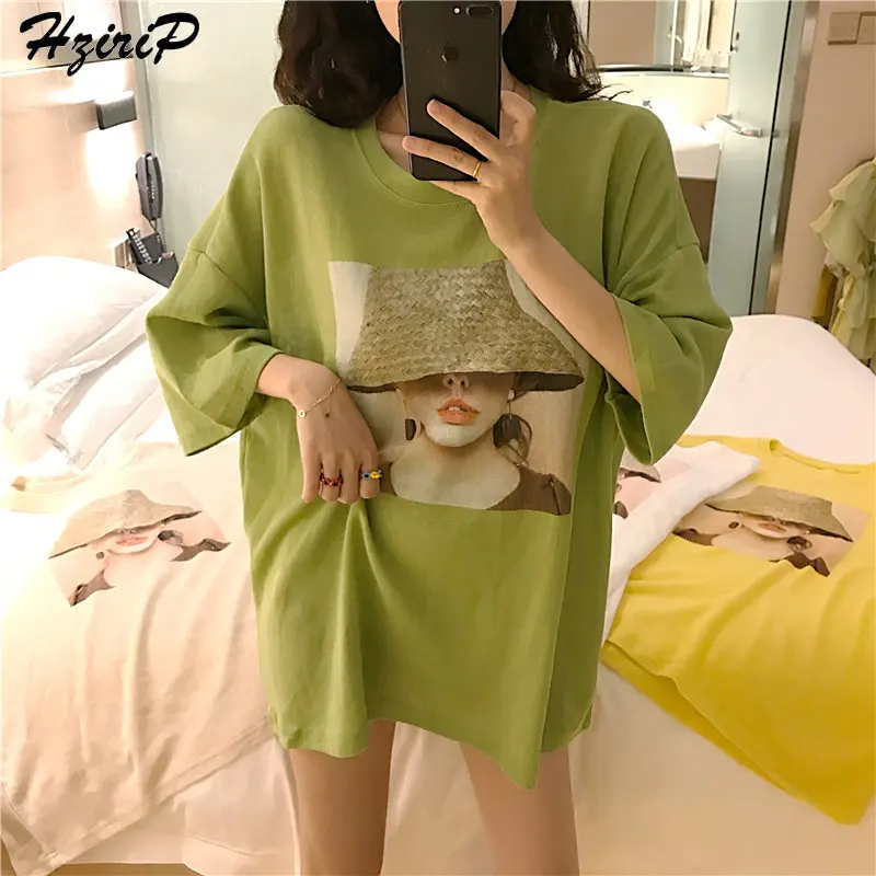 

HziriP Summer Korea Chic 2019 Loose BF Style Casual Print Character Cotton Free Fresh All-Match Female Casual T-Shirts 4 Colors