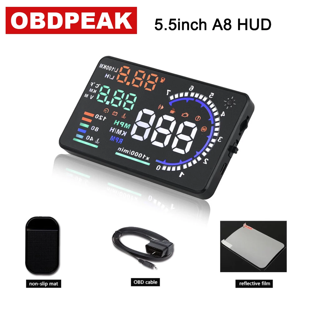 

2018 NEW A8 5.5" HUD Car Head Up Display LED Windscreen Projector OBD2 Scanner Speed Warning Fuel Consumption Data Diagnostic