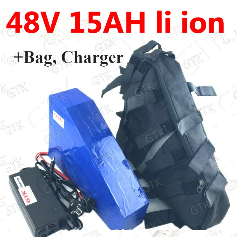 

GTK 48V 15AH lithium ion triangle battery bms 13s 18650 cell for 1500W ebike scooter kit bicycle +2A charger + waterproof bag