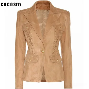 

Autumn Winter Suede Blazer Women's Work Suit Blaser Metal Lion Buttons Rope Lacing Suede women blazers and jackets