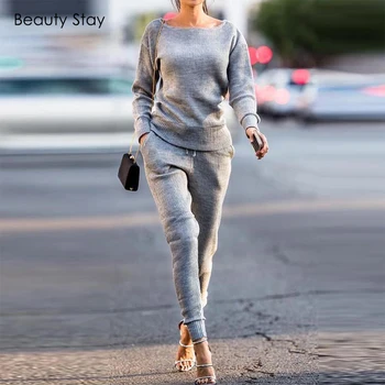 

Beauty Stay Autumn 2piece Set Women Pure Color Polyester O-Neck Drawstring Full Length Casual Winter Women Sets Clothes