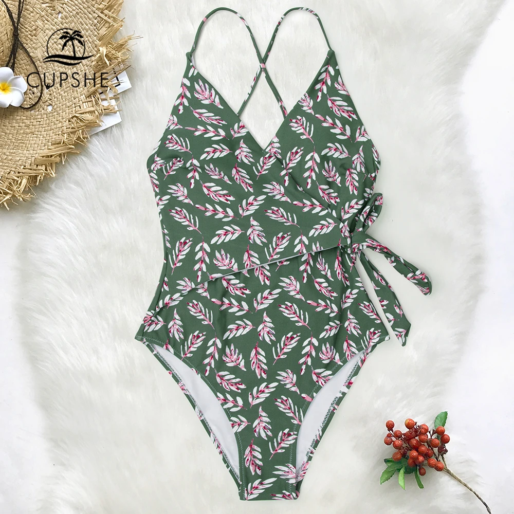 Billig CUPSHE Rosa Und Grün Blatt Drucken Wrap Einteiliges Badeanzug Frauen Sexy Monokini Bademode 2020 Mädchen Strand Badeanzüge