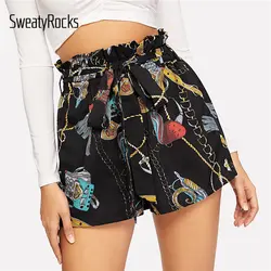SweatyRocks Paperbag талии цепи печати шорты для женщин для уличная дамы шорты с поясом 2019 Летняя мода широкие брюки повседневные шорты