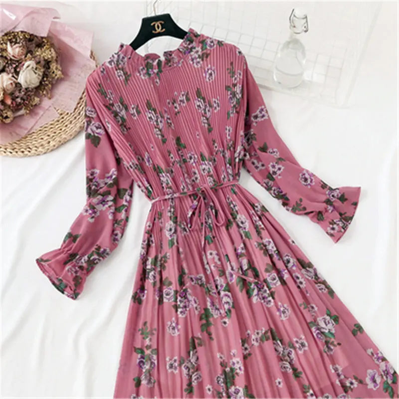 

2020 New Spring Women Vintage Printed Dress Long Sleeve O-Neck Casual Chiffon Dress Korean Elastic Waist A-line Long Dress