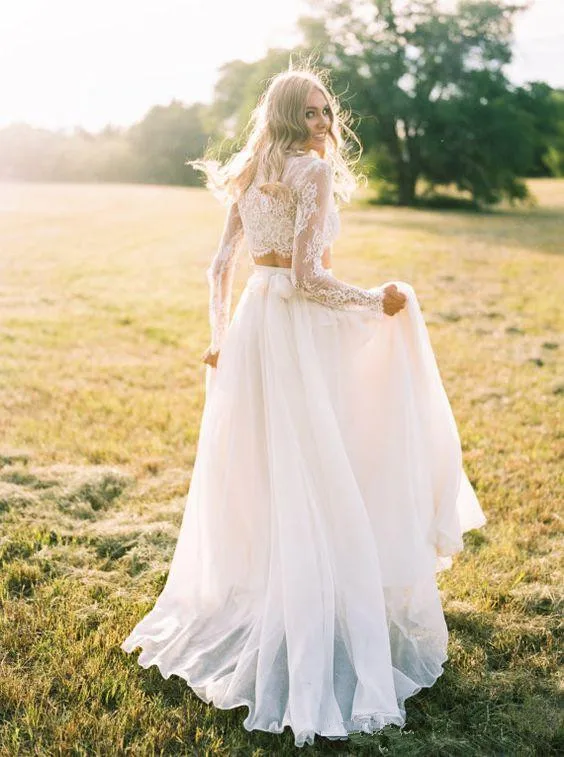 Романтическое богемное свадебное платье из двух частей с длинными рукавами, кружевной кроп-топ, шифоновое пляжное свадебное платье, vestidos de noiva