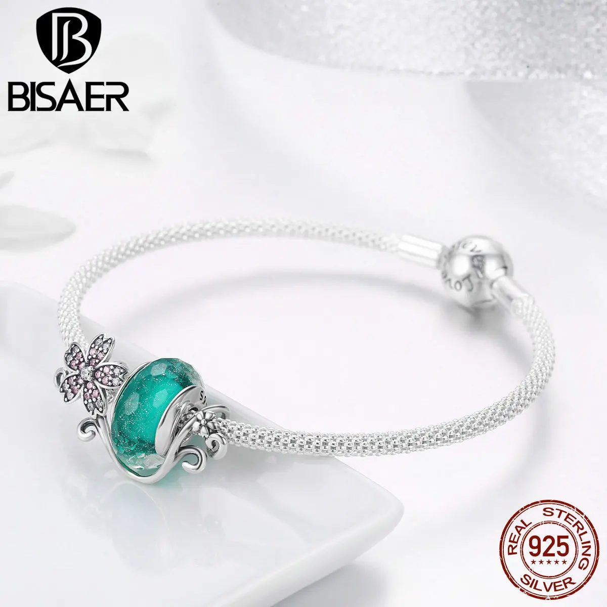 BISAER простой Стерлинговое Серебро 925 зеленый Европейский стеклянный бисер