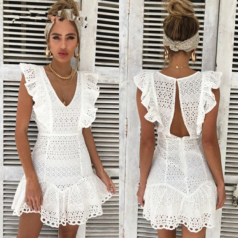 

WHOHOLL Vintage White Lace Cotton Embroidery Women Dress Ruffled Spring Summer Mini Dress Sexy Party Short Dresses 2019 Vestidos