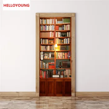 

QT-0297 Retro Book Cabinet Imitation 3D Door Stickers 2pcs/set DIY Mural Bedroom Home Decorative PVC Waterproof Wall Stickers