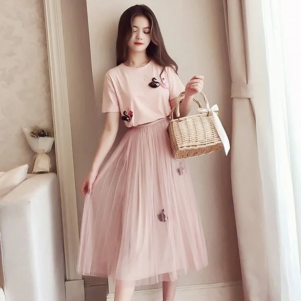 

4xl plus big size women set clothing spring autumn summer 2018 black pink T-shirt long skirts two pieces suits female A4807