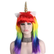 Anxin Косплей Единорог парики для женщин с челкой синтетические волокна красочные длинные Красочные радужные прямые волосы парик производитель