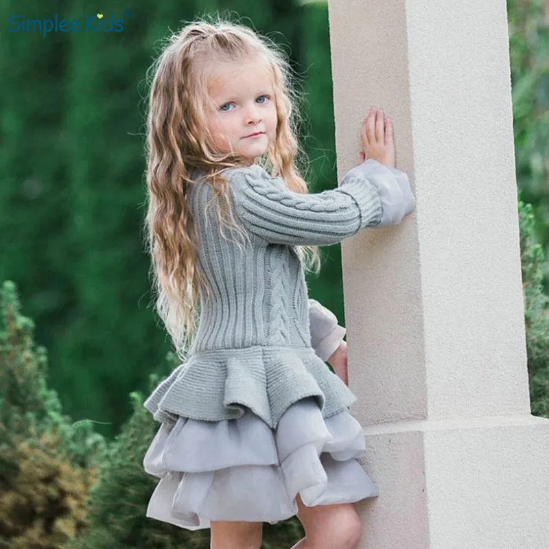 

Simplee Kids 2018 Autumn thermal girl mini dress Beautiful girl sweater bule coffee Pullover knitted long sleeve outerwears