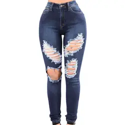 Bleach Wash растрепанные рваные облегающие джинсы Для женщин синие с высокой талией зауженные длинные брюки эластичные джинсы