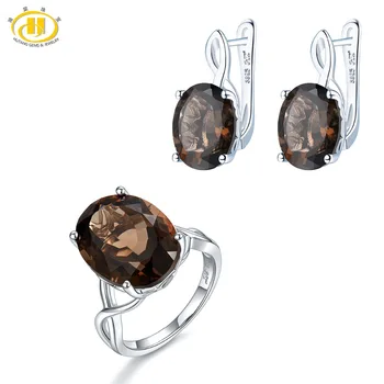 

Hutang 17.57ct Natural Smoky Quartz Jewelry Sets Earrings Ring 925 Silver Fine Gemstone Jewelry for Women's Best Gift New 2019