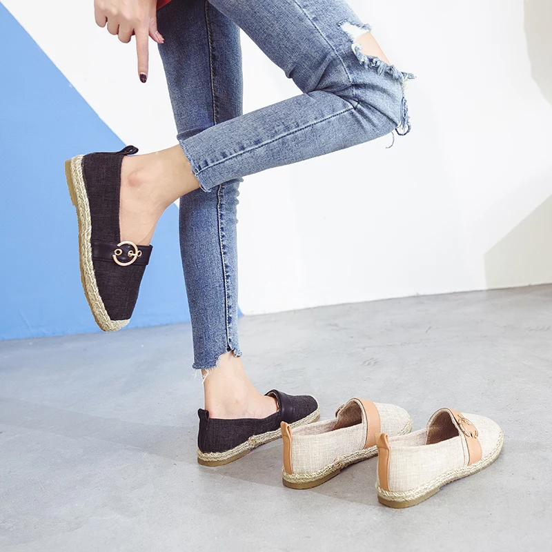 

ladies canvas shoes flat heel espadrilles women metal buckle decoration creepers flats straw rope loafers chaussures femme s269
