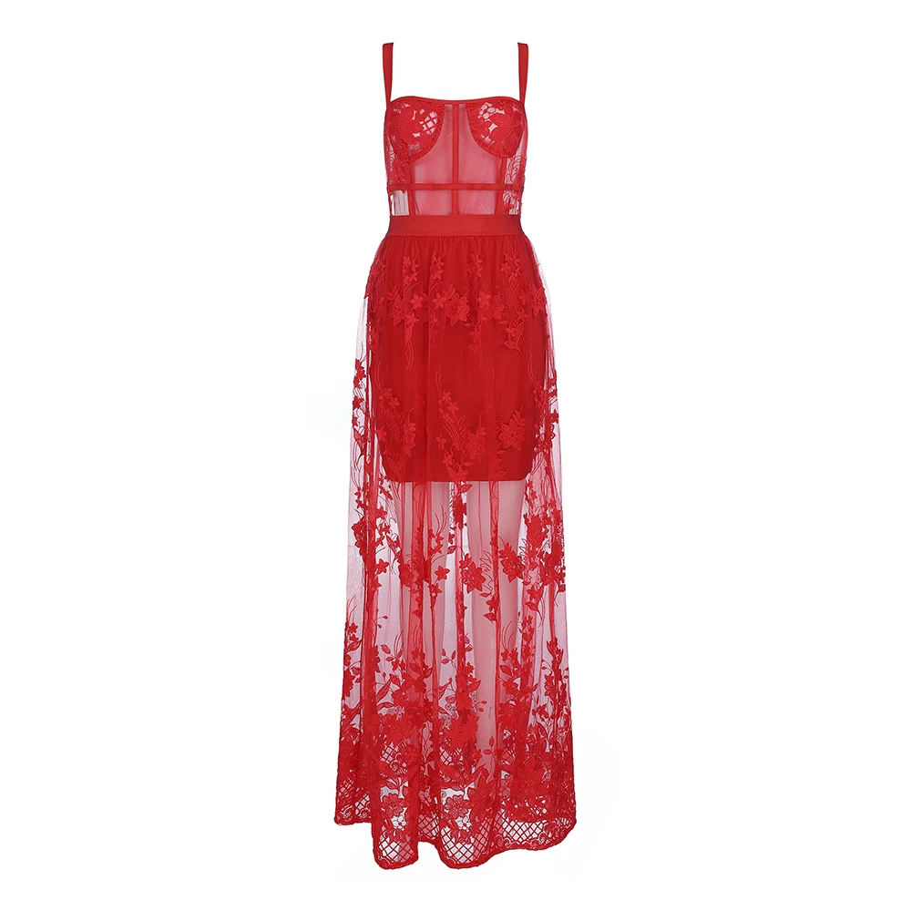 Горячее Красное женское сексуальное Сетчатое кружевное в стиле пэчворк длиной до лодыжки Спагетти ремни для бандажа платье Перспектива вечерние платья