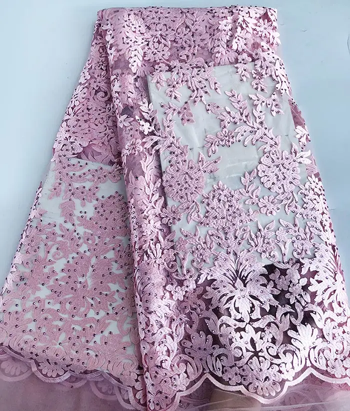 Повторяющийся сильный Корея камни шелк мягкий французская кружевная сеточка Чистая кружево африканский тюль ткань супер богатый одежда высшего качества 5 ярдов - Цвет: Baby pink