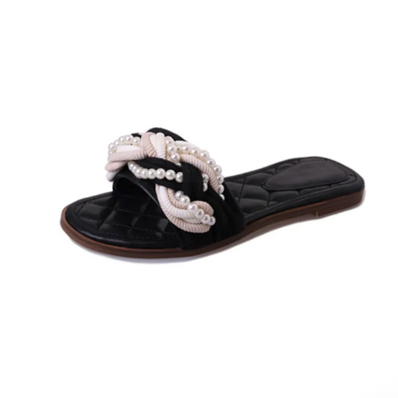 

2018 Outsides Slippers Small New Female Slippers Black Pearl Twist Braided Open Toe Slippers Flat Crystal Slide Fashion