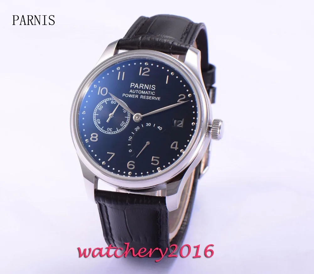 

43mm Parnis black dial leather strap date adjust power reserve Automatic movement Men's watch