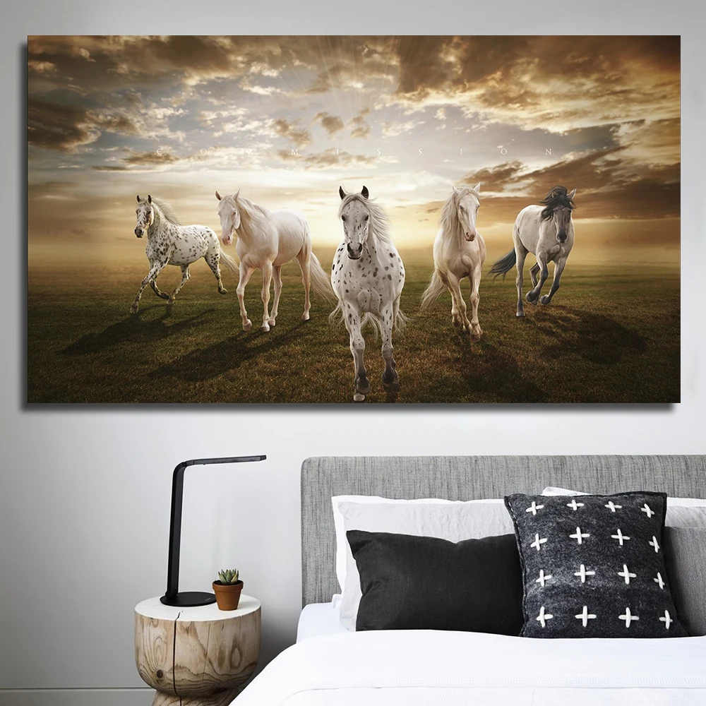 QKART Wall Decor Sunset Field Horses Wall Pictures for Living Room